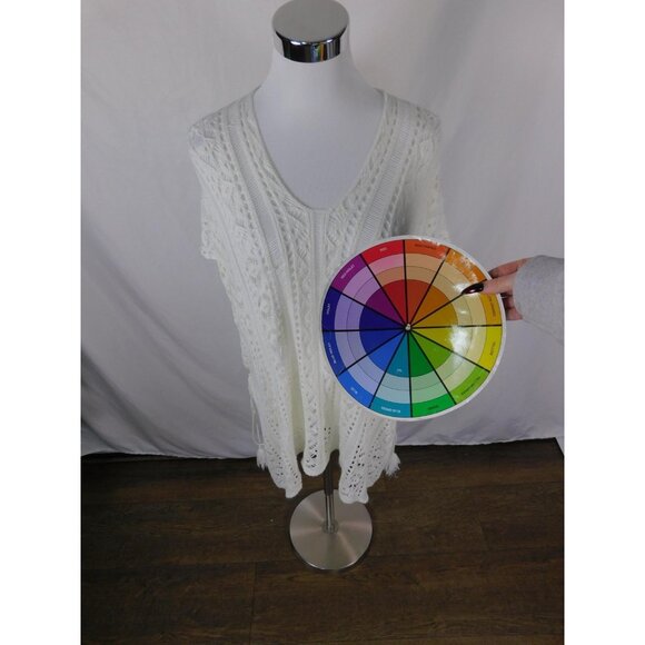 White Crochet Lace Poncho Top S - Tassel Side-Tie Boho Cover-Up - Excellent - Picture 8 of 11